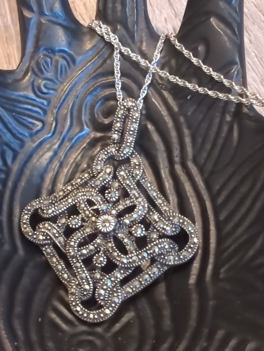 Vintage Marcasite Sterling Silver Filigree Pendant Necklace
